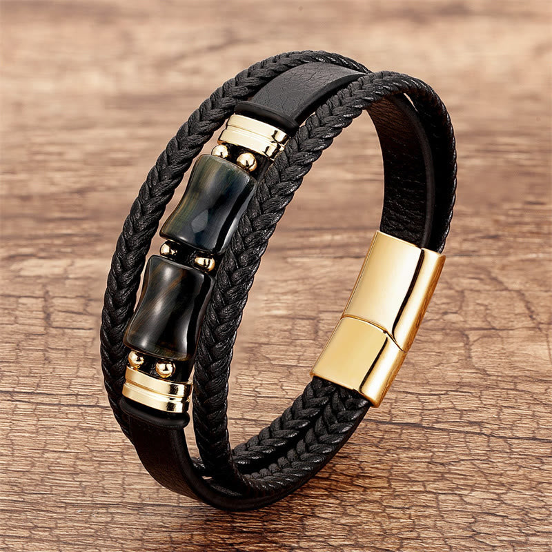Gelbes Tigerauge-Mehrschicht-Lederarmband für Mut und Integrität