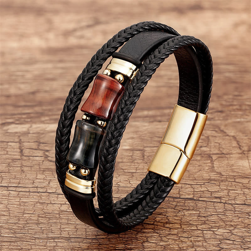Gelbes Tigerauge-Mehrschicht-Lederarmband für Mut und Integrität