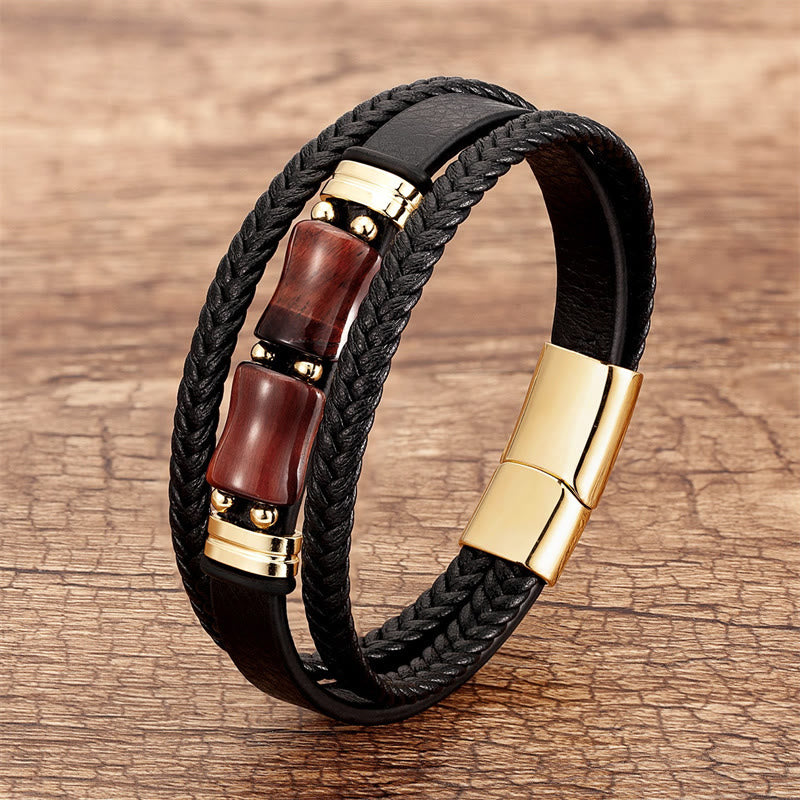 Gelbes Tigerauge-Mehrschicht-Lederarmband für Mut und Integrität