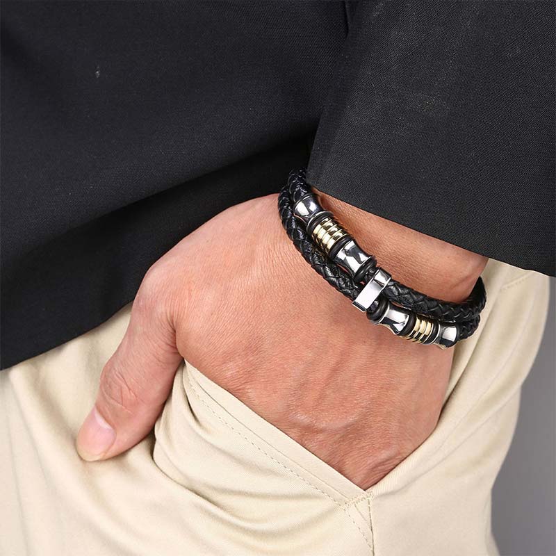 Layered Leather and Titanium Steel Spiritual Bracelet for Balance