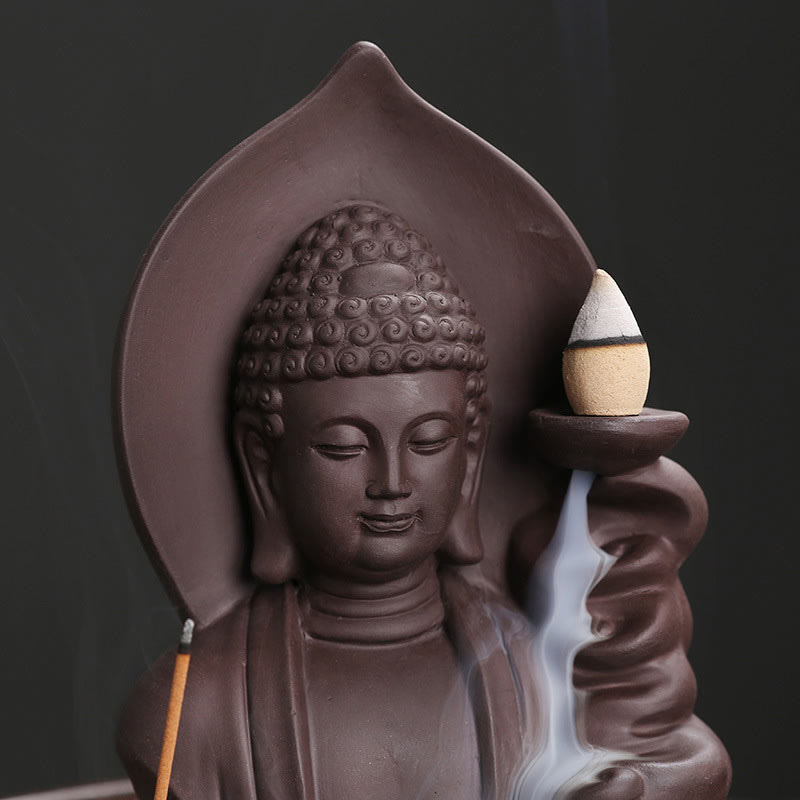 Purple Clay Buddha Backflow Incense Burner Lotus Design