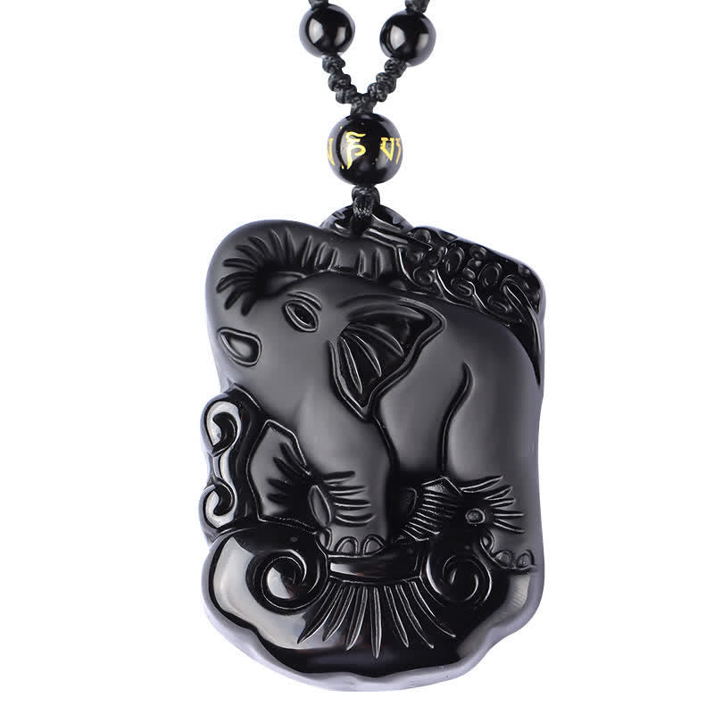 Black Obsidian Elephant Necklace for Protection & Strength