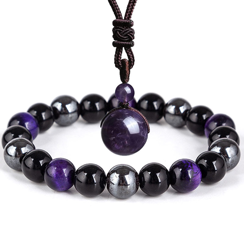 Unisex Tiger Eye Bracelet Necklace Set with 10mm Beads for Protection