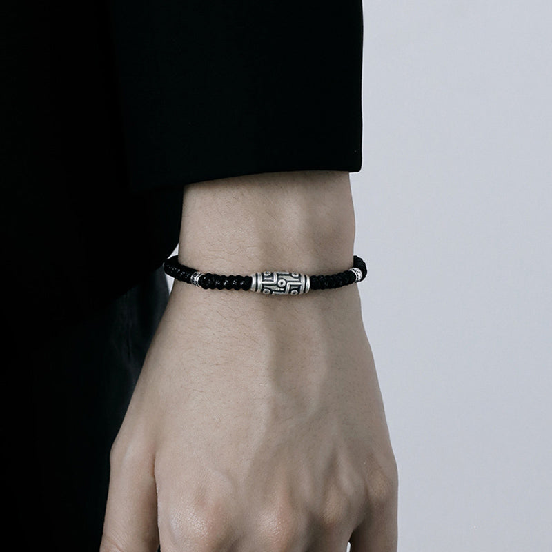 999 Sterling Silver Nine-Eye Dzi Bead Spiritual Protection Bracelet