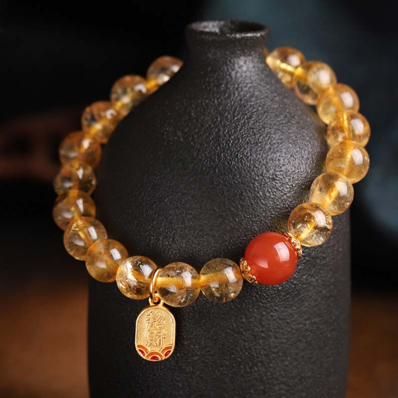 8mm Citrine Red Agate Fortune Charm Bracelet