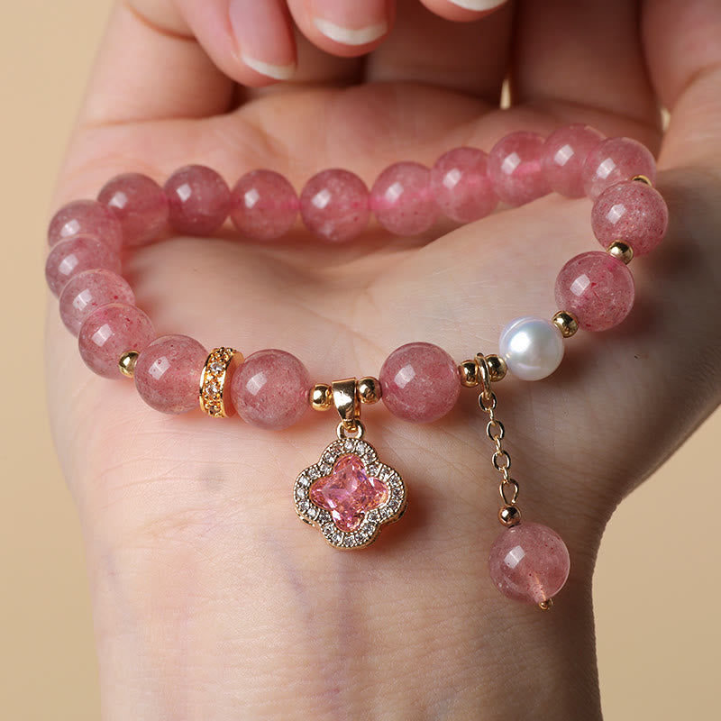 Strawberry Quartz Healing Bracelet with Pearl Clover Charm