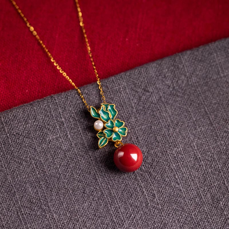 925 Sterling Silver Gold Cinnabar Pearl Blessing Necklace Set