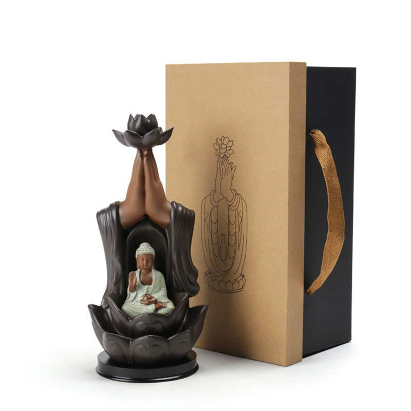 Ceramic Lotus Blessing Backflow Incense Burner with Buddha Deities