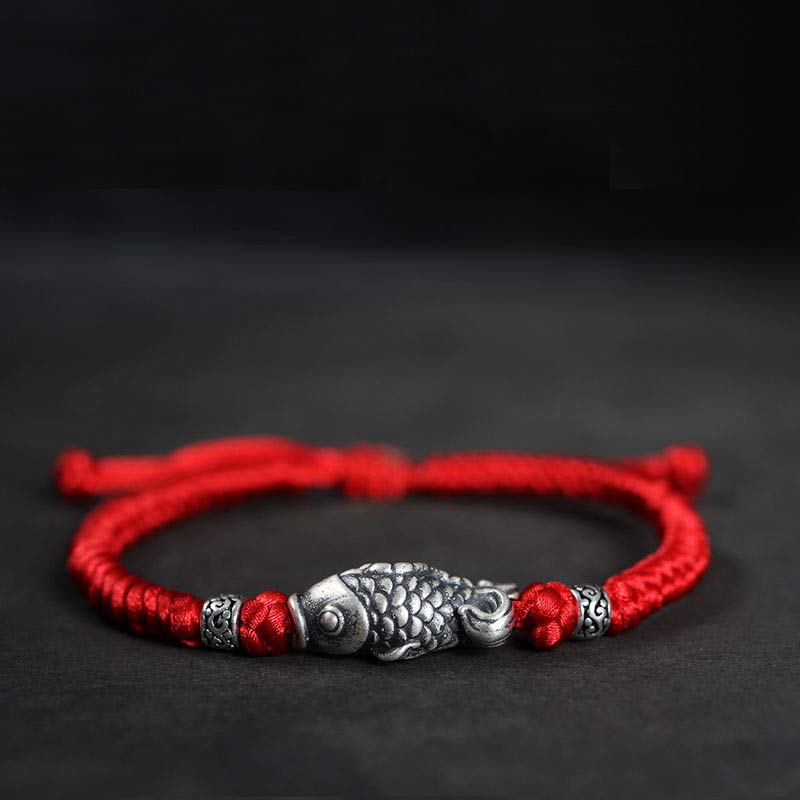 Sterling Silver Koi Fish Bracelet with Red Braided String