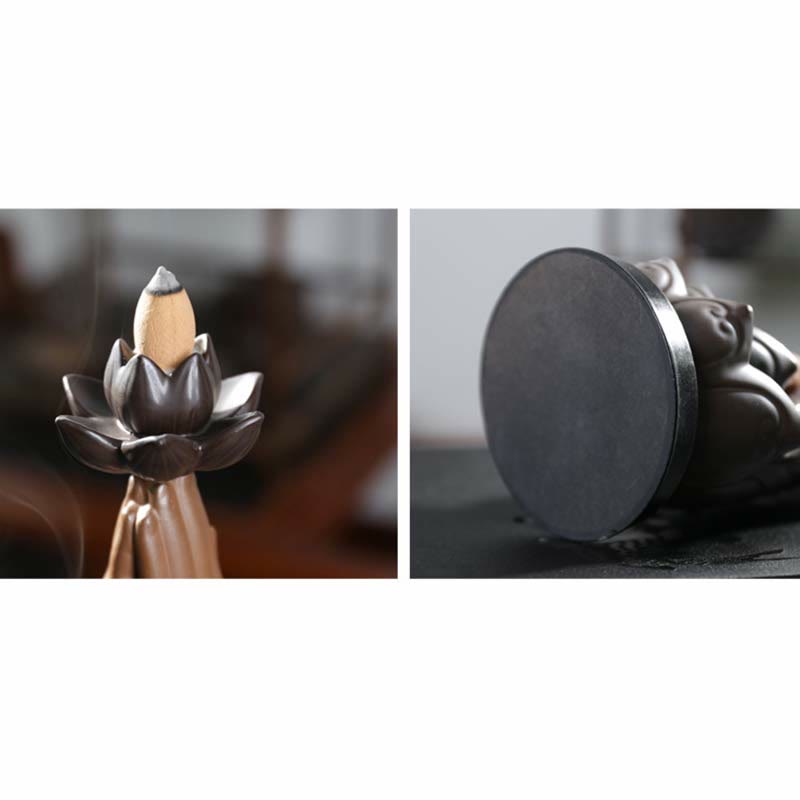 Ceramic Lotus Blessing Backflow Incense Burner with Buddha Deities