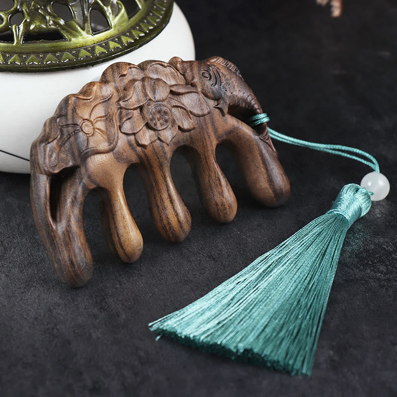 Green Sandalwood Tassel Comb with Lotus & Koi Fish Symbols