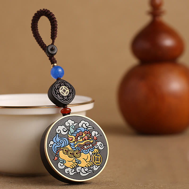 Pixiu Copper Coin Ebony Wood Luck Key Chain