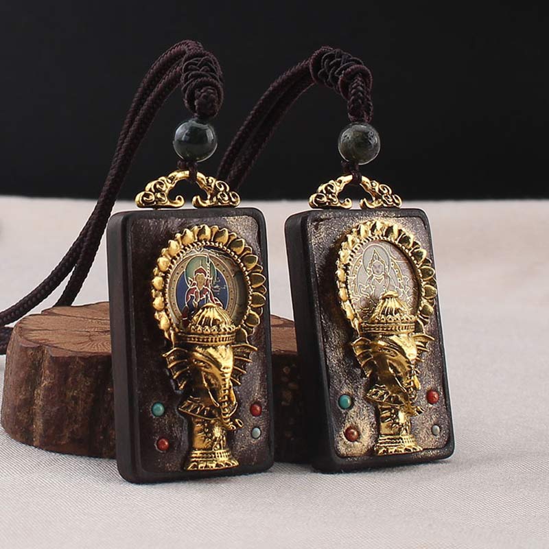 Ebony Wood Elephant Necklace with God of Fortune Pendant