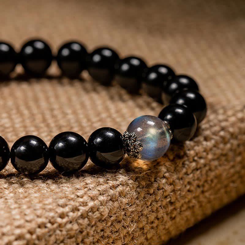 Unisex-Stärkearmband mit chinesischem Sternzeichen, 8 mm, aus Obsidian und Mondstein