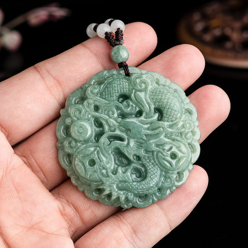 Jade Dragon Necklace 50mm Pendant for Prosperity & Luck