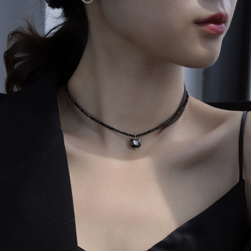 Black Spinel Cat Motivate Choker Necklace 38cm