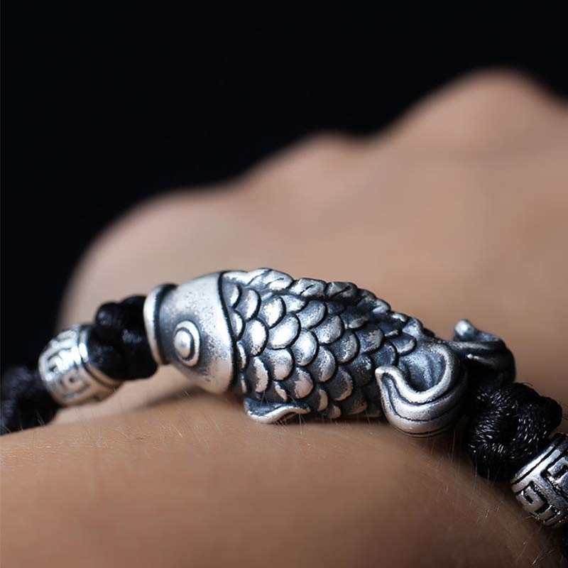 Sterling Silver Koi Fish Bracelet with Red Braided String