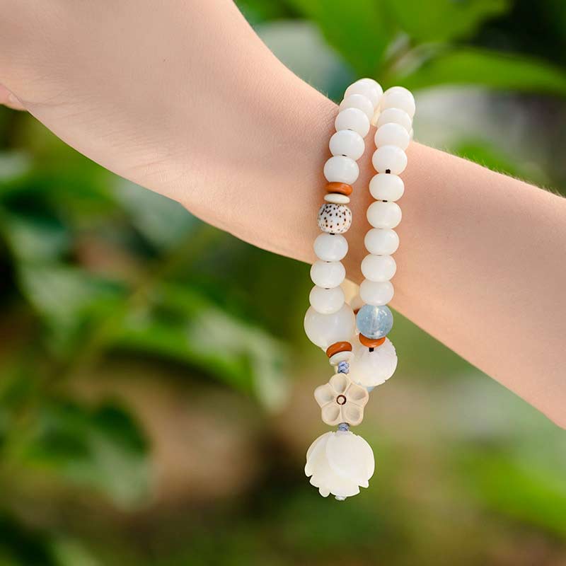 Unisex-Lotusarmband mit weißer Jade, Bodhi-Samen und Segen