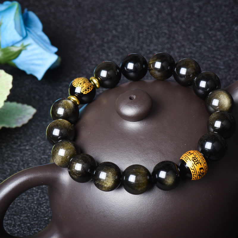 Goldglänzendes Obsidian-Schutzarmband mit chinesischem Sternzeichen, 12 mm