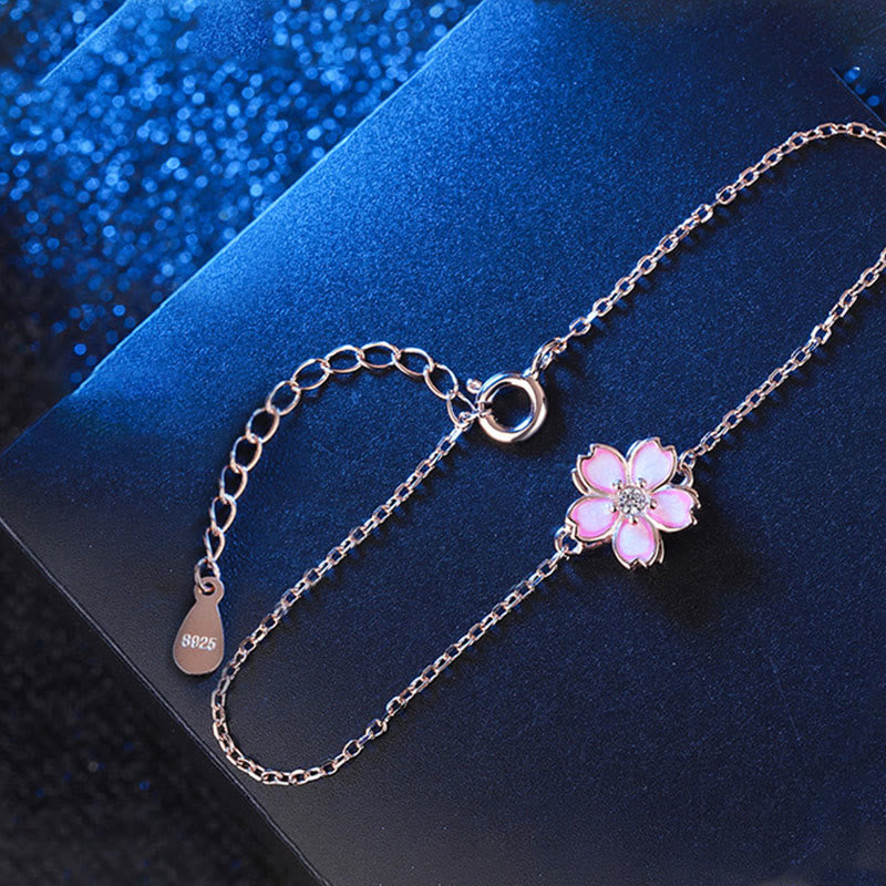 925 Sterling Silver Cherry Blossom Blessing Chain Bracelet with Rotatable Ring