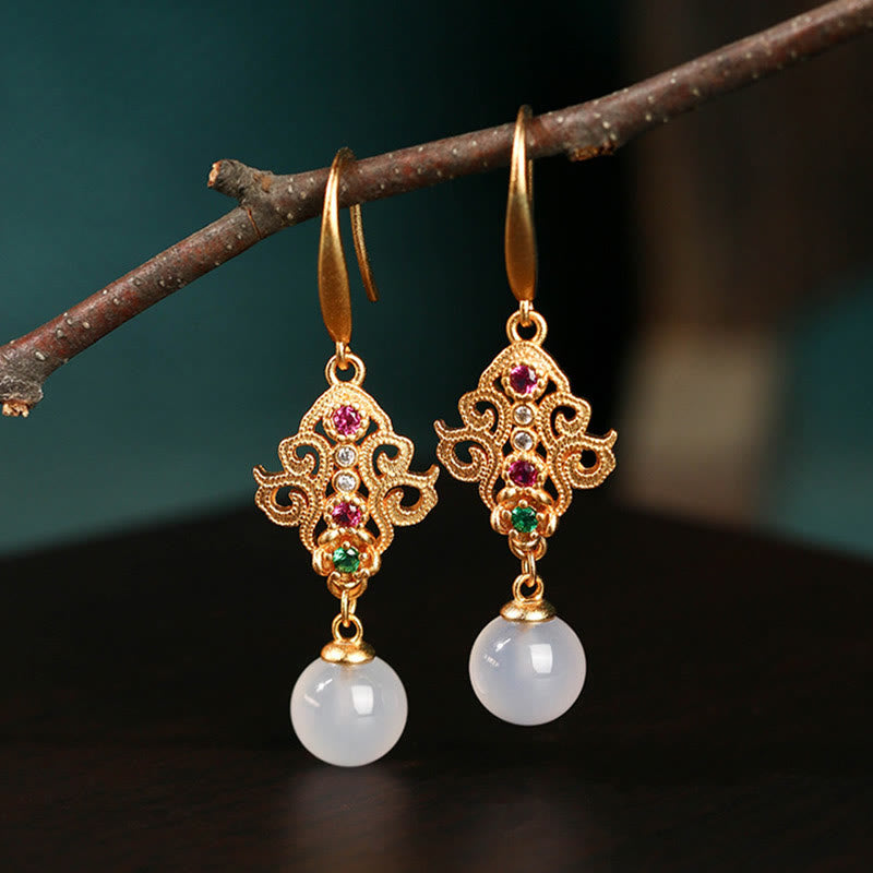 24K Gold Plated Chalcedony Spiritual Dangle Earrings