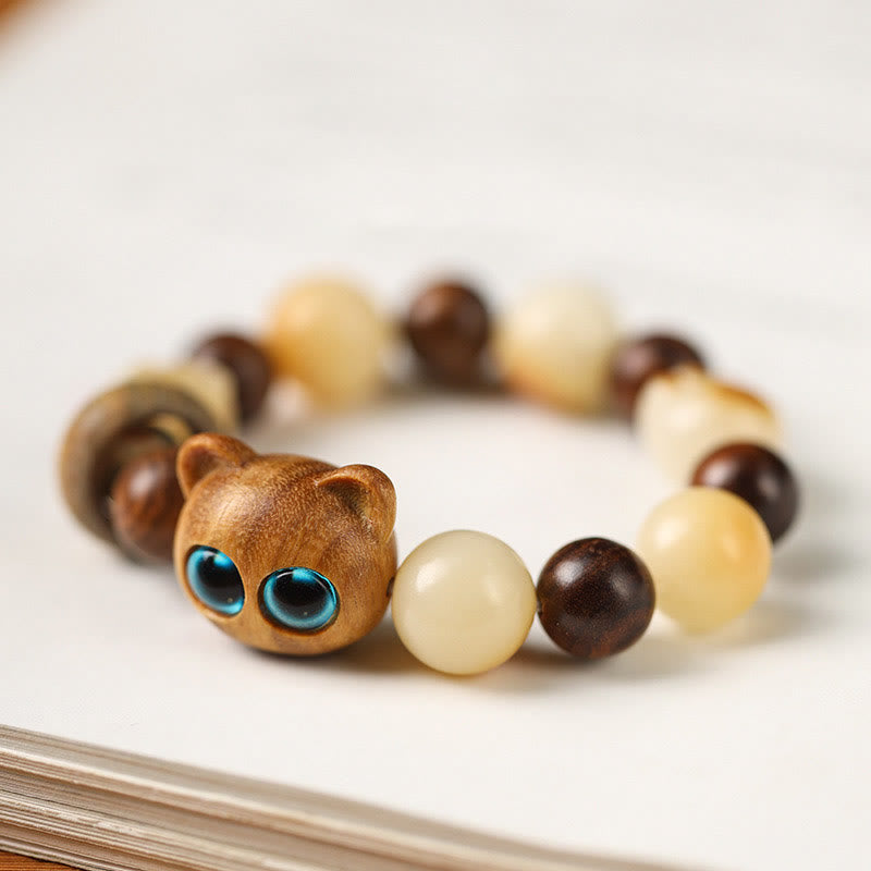 Bodhi Seed Sandalwood Cat Peace Bracelet 14-17cm Unisex