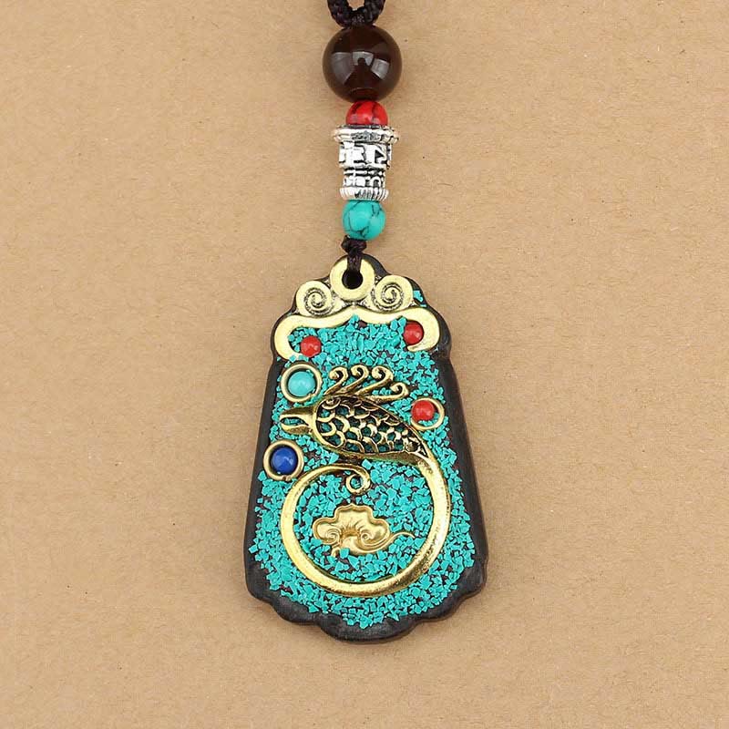Ebony Spiritual Necklace with Wealth Gods & Golden Phoenix