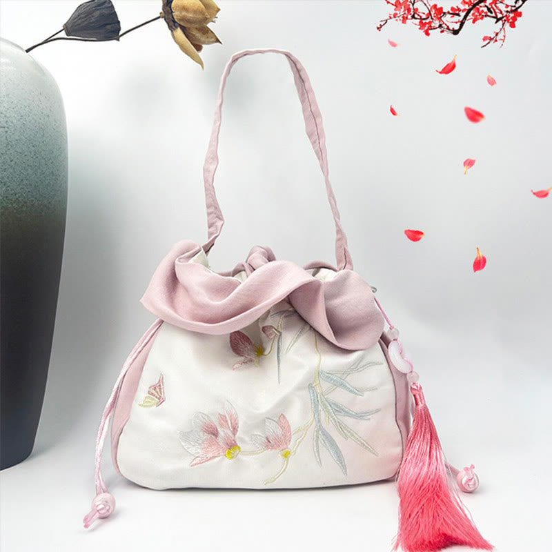 Silk Tote Bag | Embroidered Floral Yoga Carrier 20cm