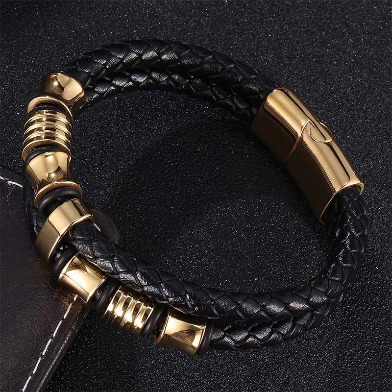 Layered Leather and Titanium Steel Spiritual Bracelet for Balance