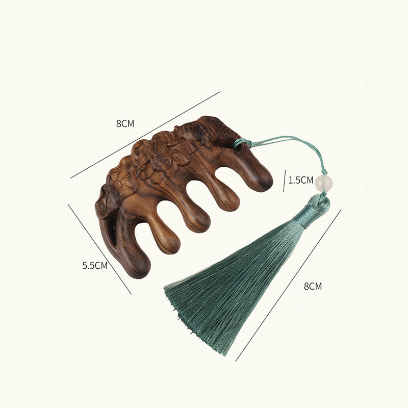 Green Sandalwood Tassel Comb with Lotus & Koi Fish Symbols