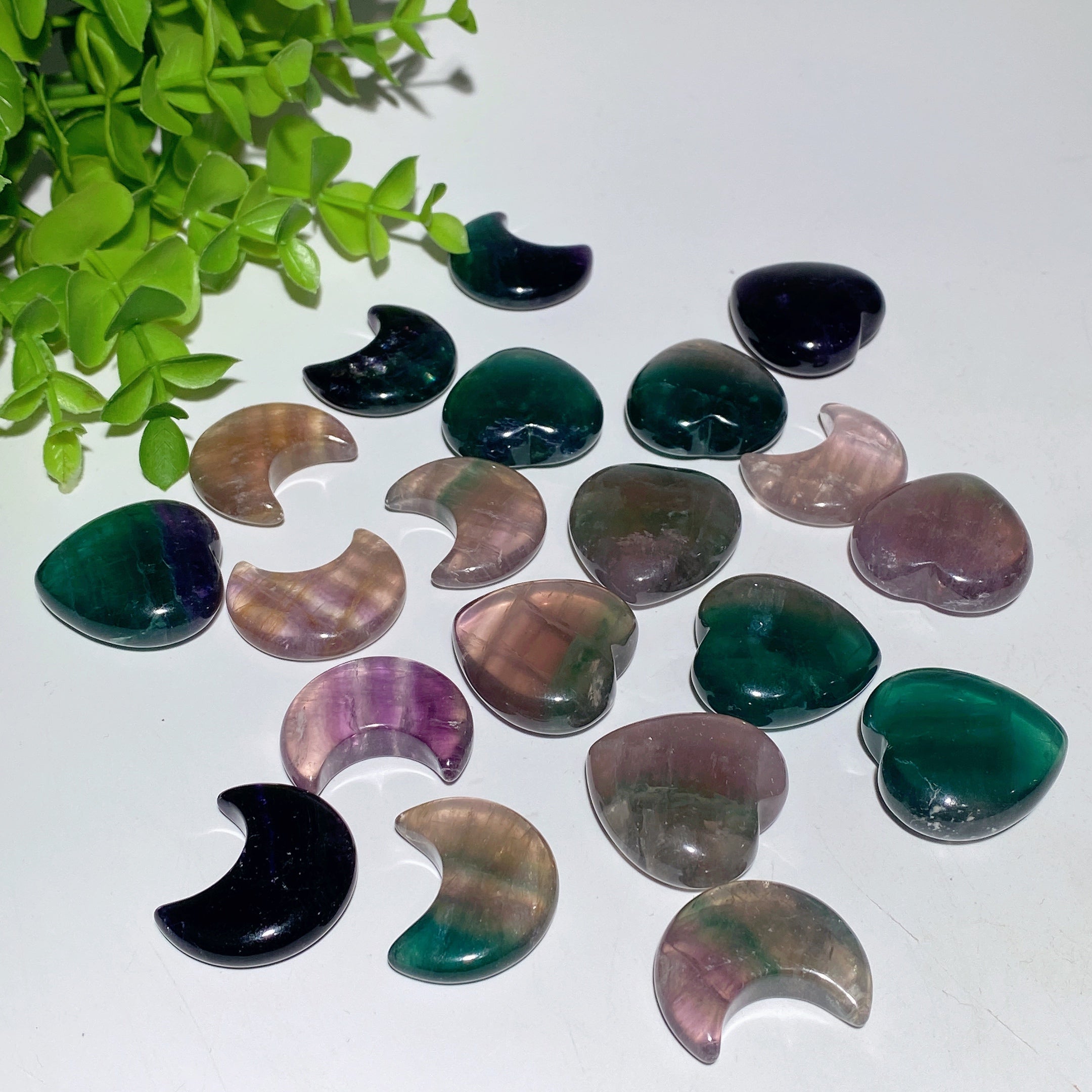 1.1" Fluorite Crystal Heart Moon Carvings for Healing