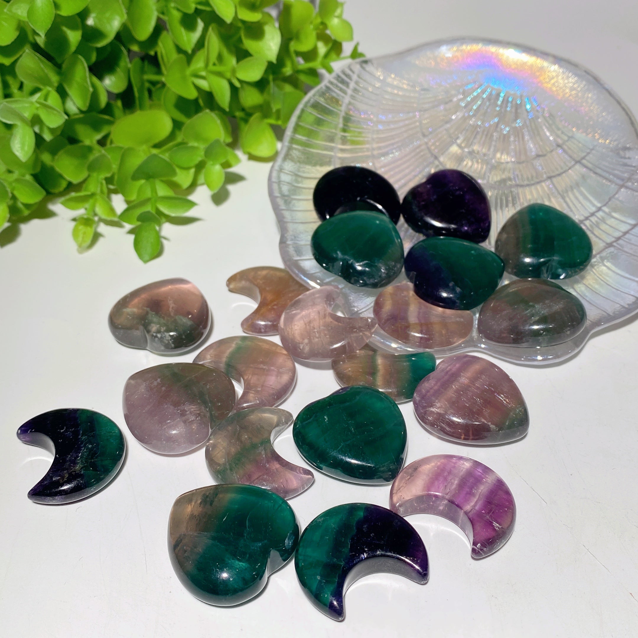 1.1" Fluorite Crystal Heart Moon Carvings for Healing