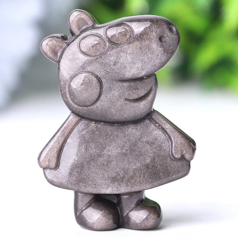 1.8 Inch Silver Obsidian Pig Crystal Animal Carving