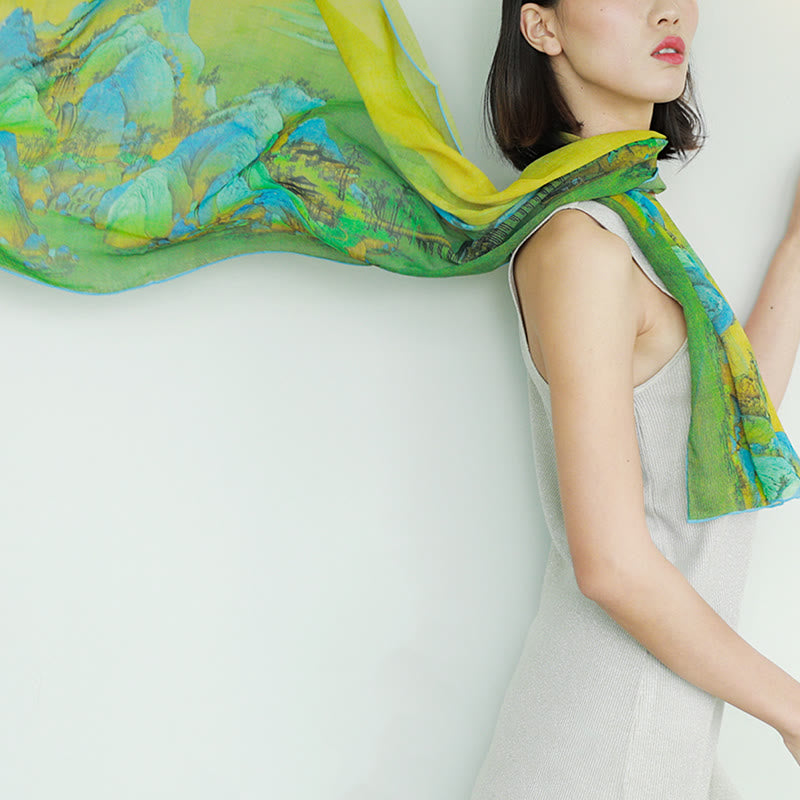 Tibetischer Schal aus 100 % Maulbeerseide, Panorama von Flüssen und Bergen