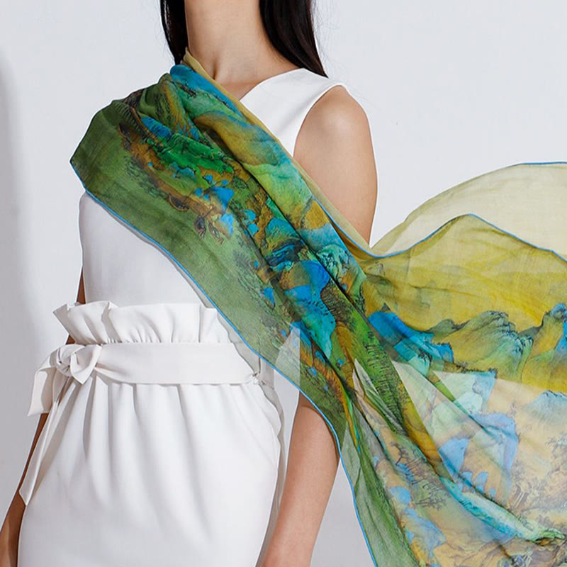 Tibetischer Schal aus 100 % Maulbeerseide, Panorama von Flüssen und Bergen