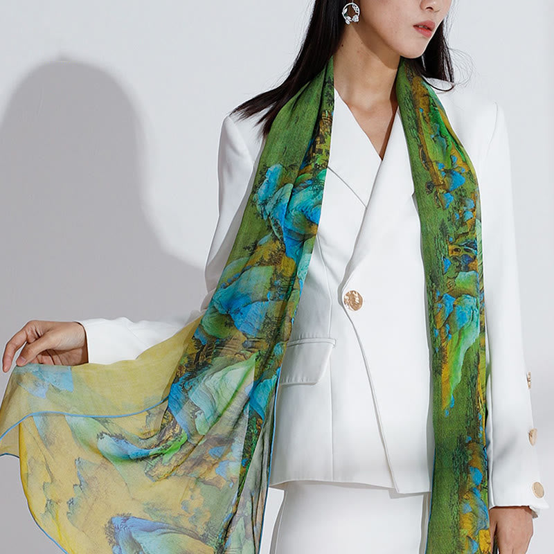 Tibetischer Schal aus 100 % Maulbeerseide, Panorama von Flüssen und Bergen