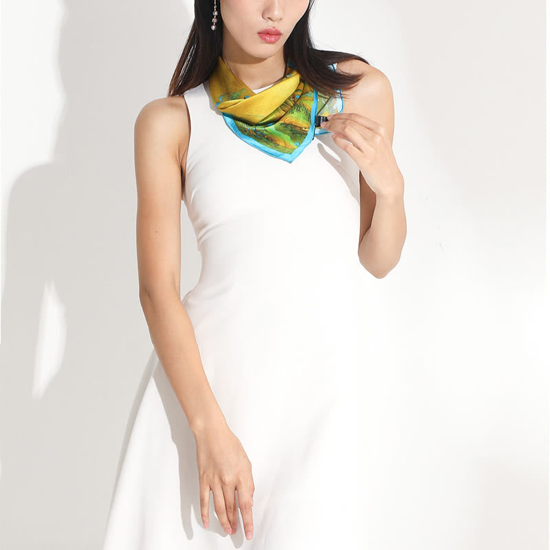 Tibetischer Schal aus 100 % Maulbeerseide, Panorama von Flüssen und Bergen