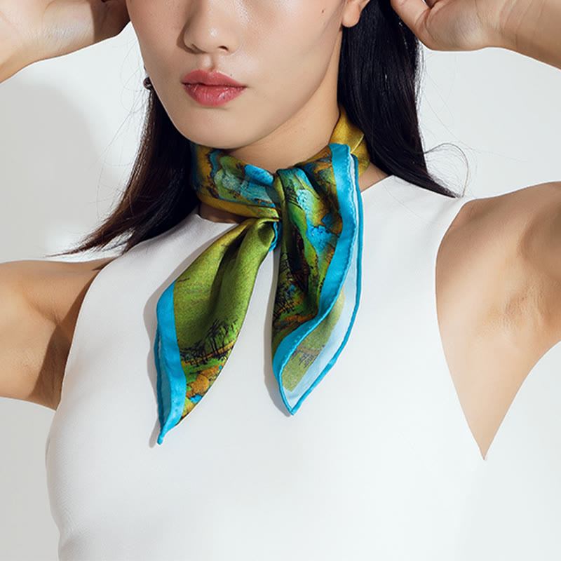 Tibetischer Schal aus 100 % Maulbeerseide, Panorama von Flüssen und Bergen