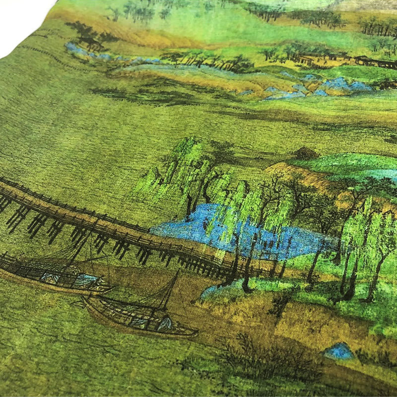 Tibetischer Schal aus 100 % Maulbeerseide, Panorama von Flüssen und Bergen