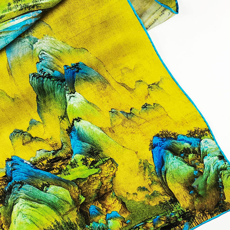 Tibetischer Schal aus 100 % Maulbeerseide, Panorama von Flüssen und Bergen