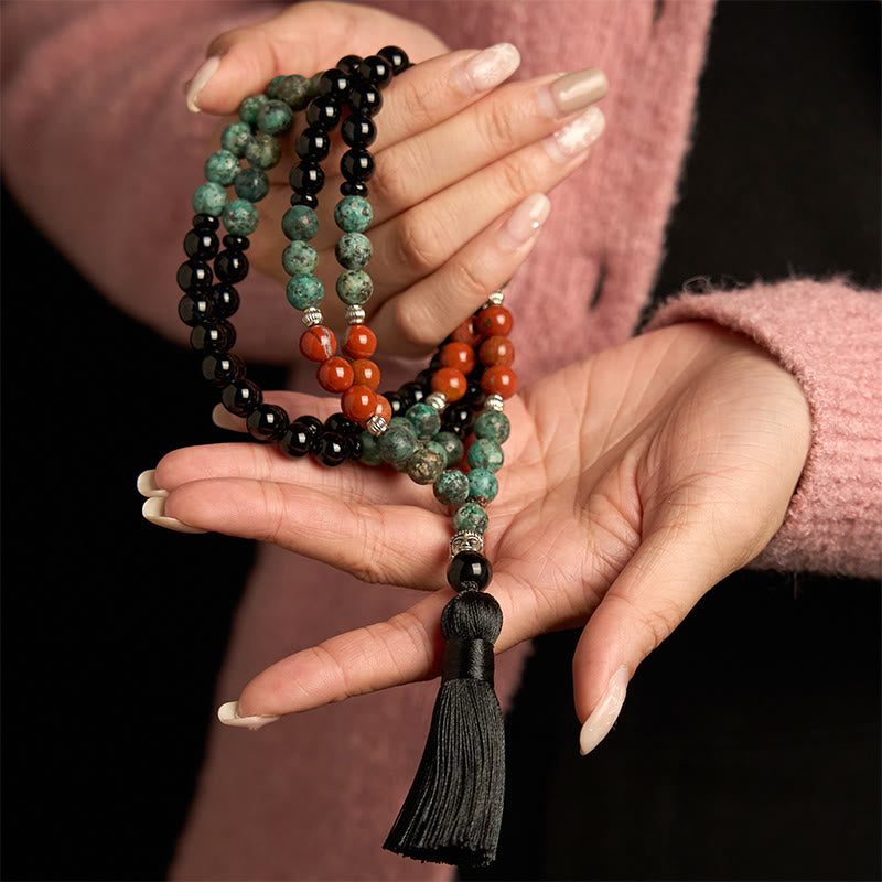 108 Perlen Schwarzer Onyx Roter Jaspis Türkis Edelstein Mala Armband