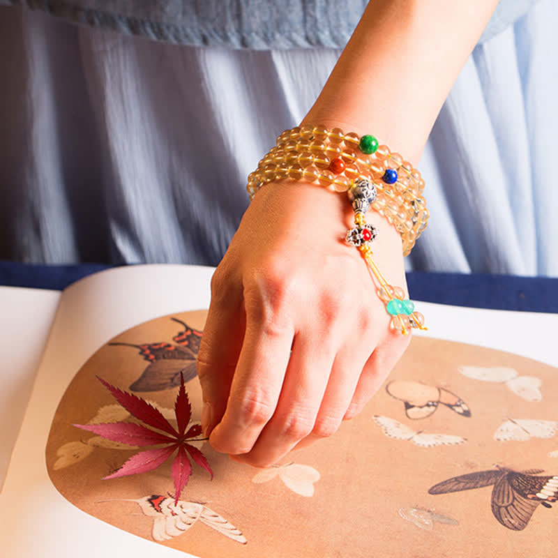 Mala-Armband mit 108 Perlen aus Citrin und rotem Achat zur Meditation