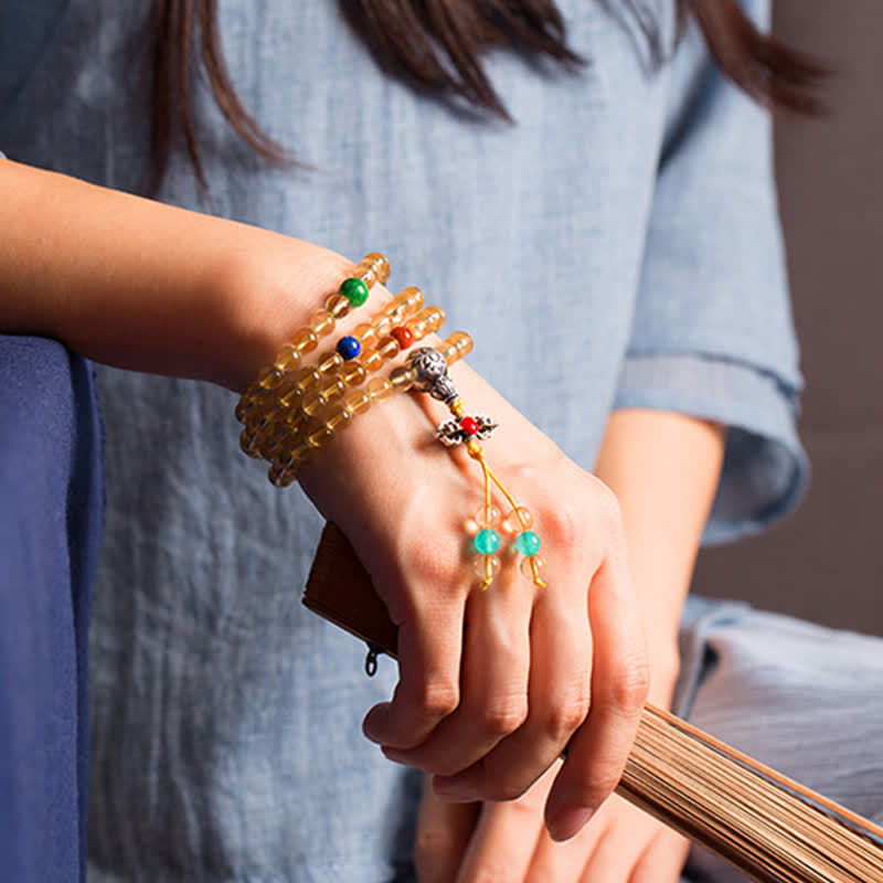 Mala-Armband mit 108 Perlen aus Citrin und rotem Achat zur Meditation