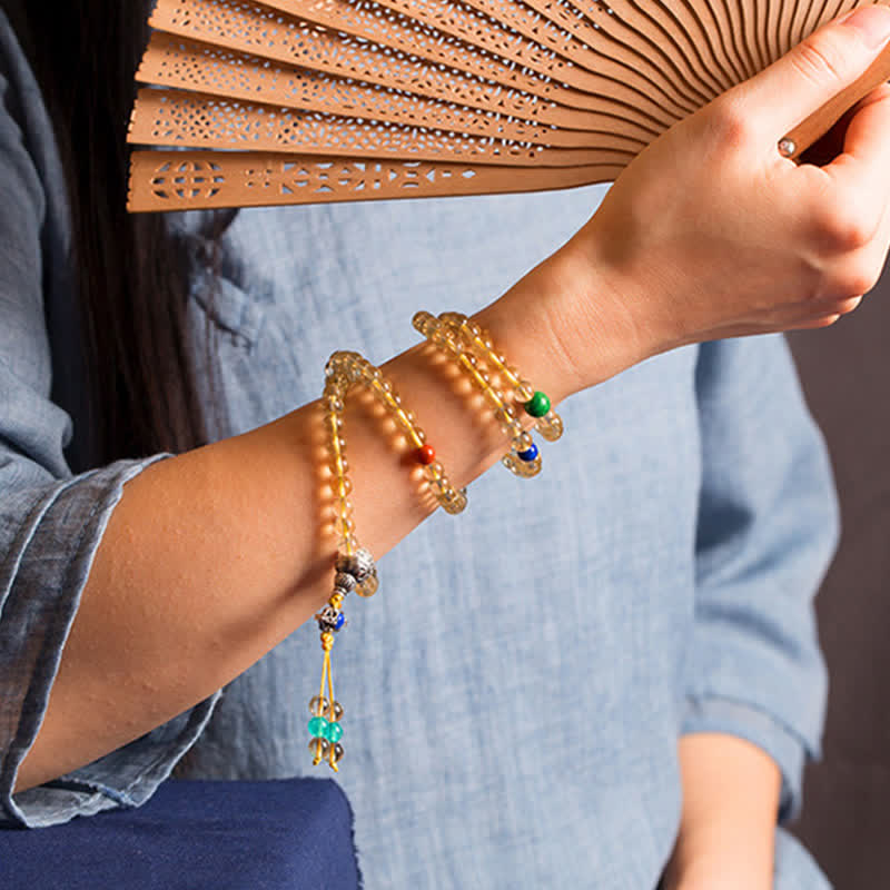 Mala-Armband mit 108 Perlen aus Citrin und rotem Achat zur Meditation