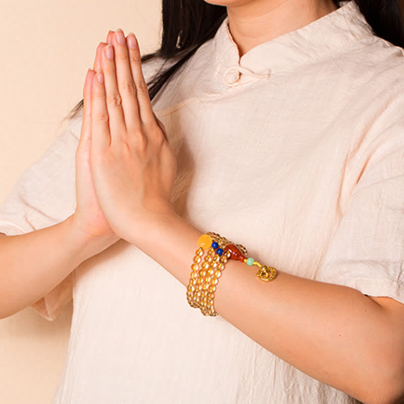 Mala-Armband mit 108 Perlen aus Citrin und rotem Achat zur Meditation