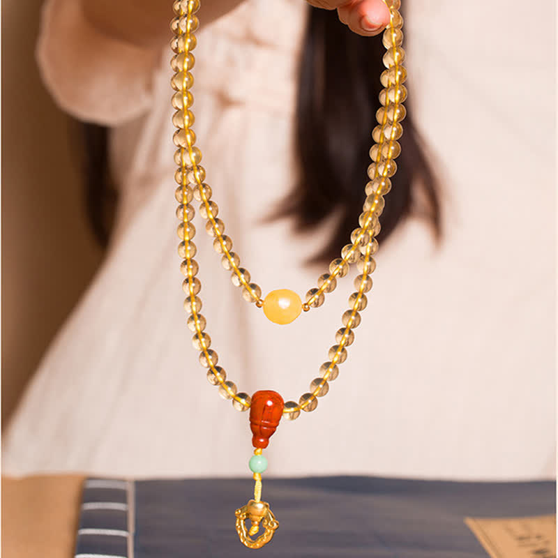 Mala-Armband mit 108 Perlen aus Citrin und rotem Achat zur Meditation