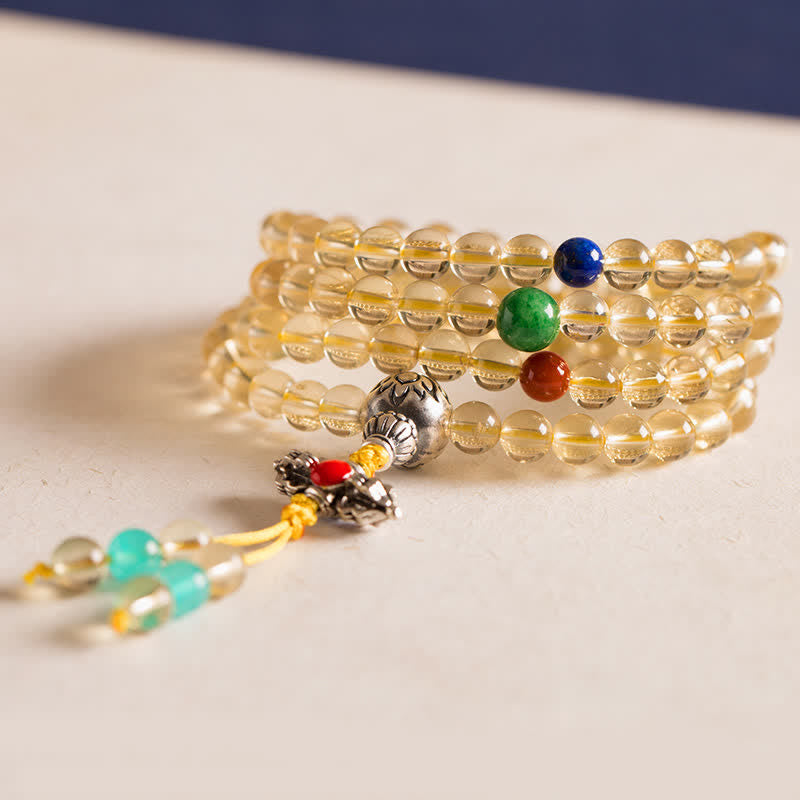 Mala-Armband mit 108 Perlen aus Citrin und rotem Achat zur Meditation