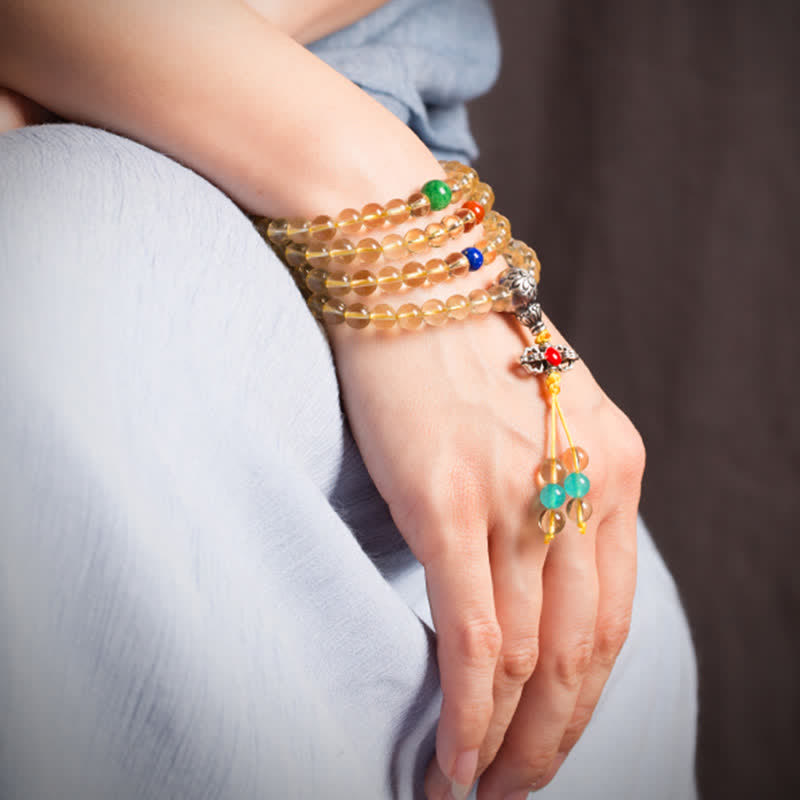 Mala-Armband mit 108 Perlen aus Citrin und rotem Achat zur Meditation