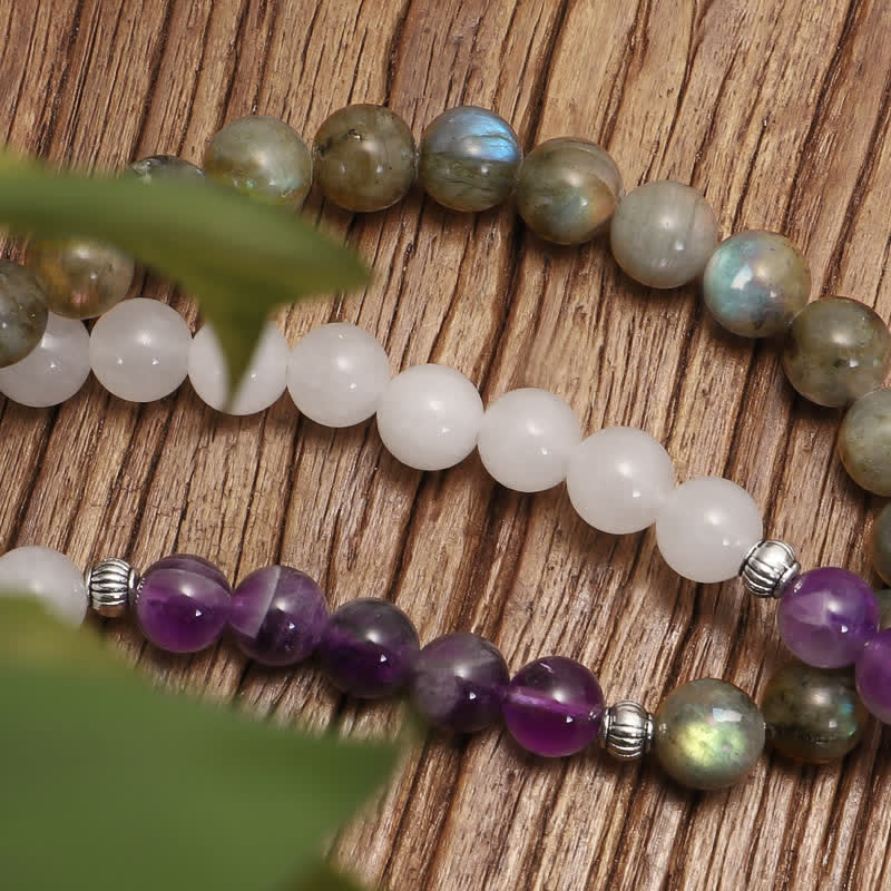 108 Perlen Edelstein Mala Armband | Weißer Achat Amethyst
