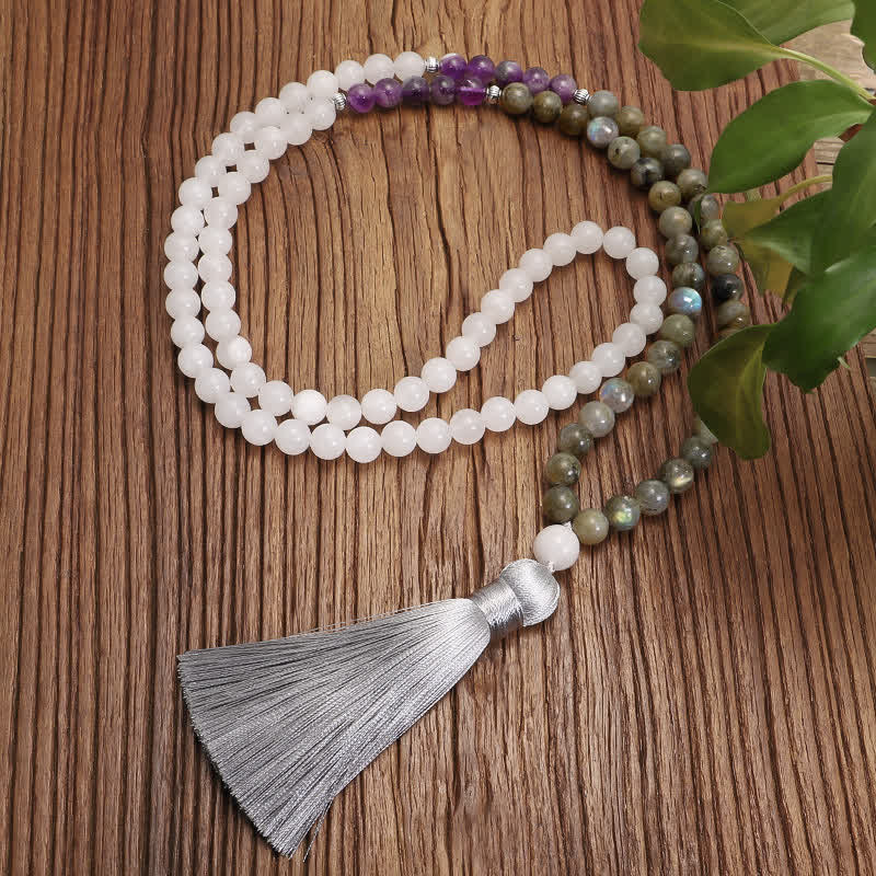 108 Perlen Edelstein Mala Armband | Weißer Achat Amethyst